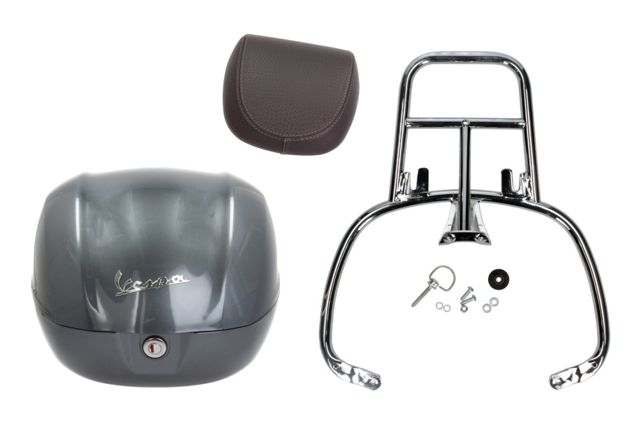Kit top case 32L titan grey (G03), coussin dorsal marron, porte-bagages chromé pour Primavera