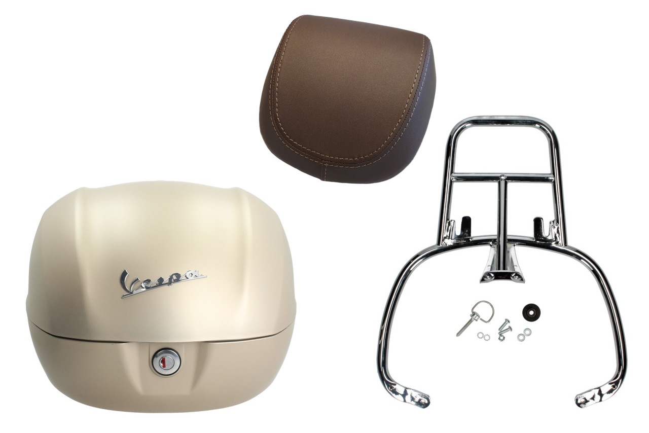 Kit top case 32L beige unico mat opaco (516/A), coussin dorsal marron, porte-bagages chromé pour Primavera
