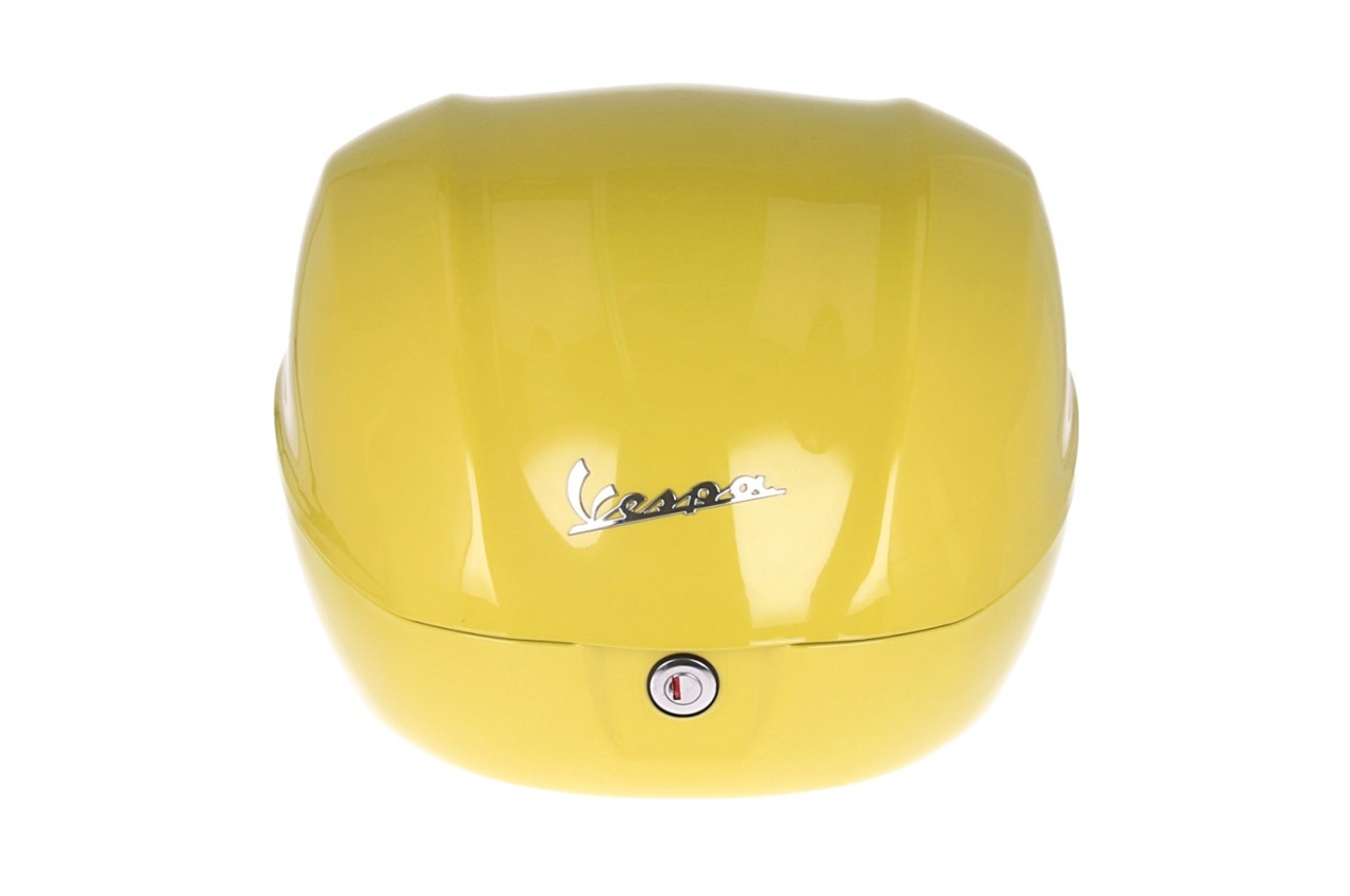 Kit top case 32L jaune (L08), coussin dorsal noir pour Vespa Primavera