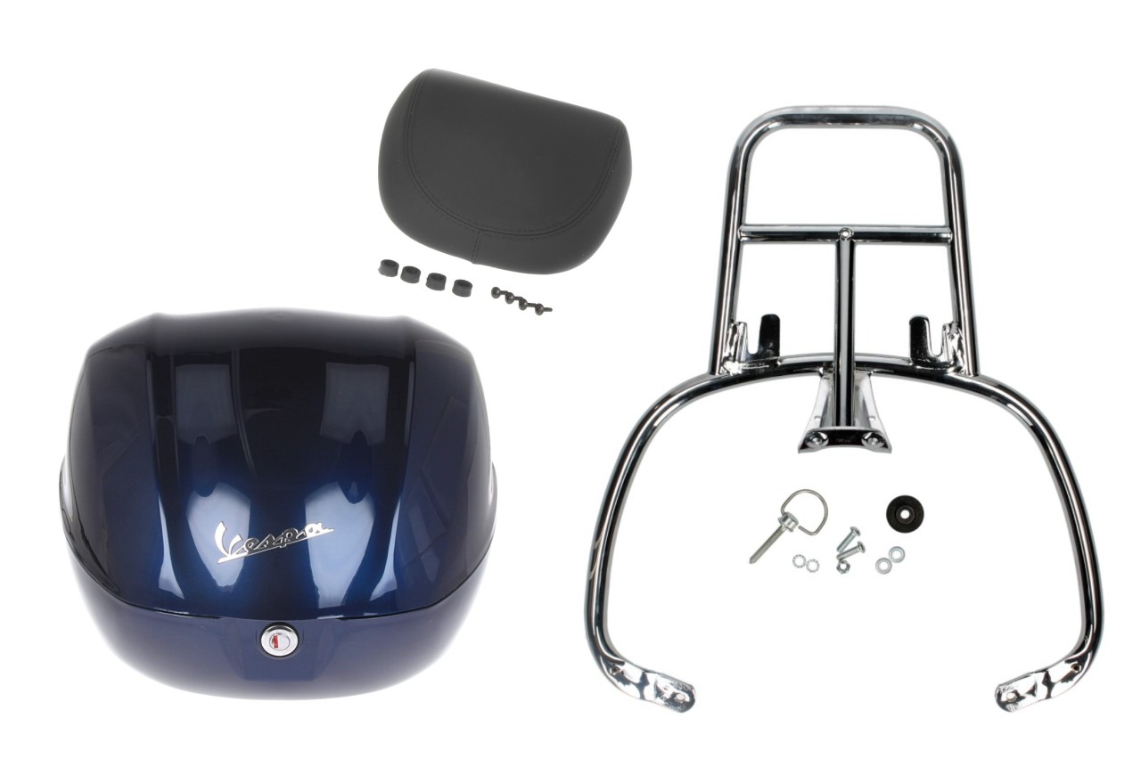 Kit top case 32L bleu foncé (289/A), coussin dorsal noir pour Vespa Primavera