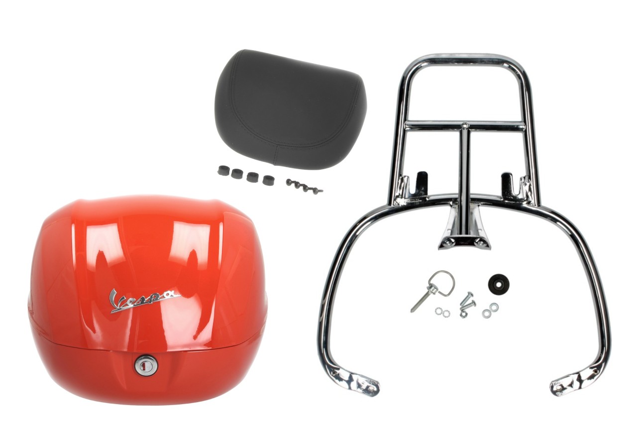 Kit top case 32L orange impulsivo (A11), coussin dorsal noir, porte-bagages chromé pour Primavera