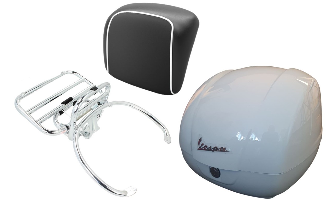 Kit top case 36L blanc (B04), porte-bagages chromé coussin dorsal noir, passepoil blanc pour Vespa GTS