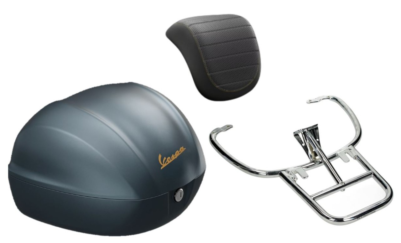 Kit top case 32L Blue Officina 8 (D31), coussin dorsal noir pour Vespa Sprint / Primavera