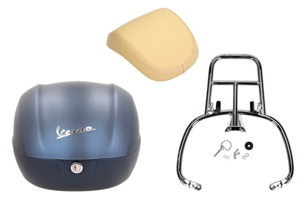 Kit top case 32L bleu mat (282/A), coussin dorsal champagne pour Vespa Primavera