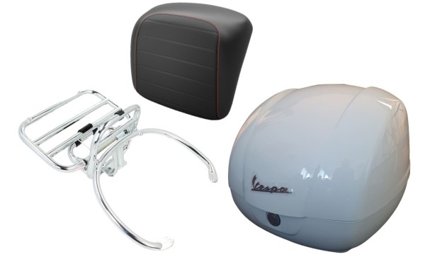 Kit top case 36L blanc, porte-bagages chrome, coussin dorsal noir avec couture orange pour Vespa GTS