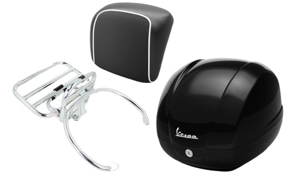 Kit top case 36L nero cosmo (98/A), porte-bagages chrome, coussin dorsal noir pour GTS 125/300/310