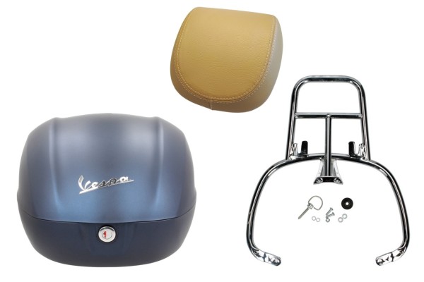 Kit top case 32L bleu mat (282/A), coussin dorsal beige pour Vespa Primavera