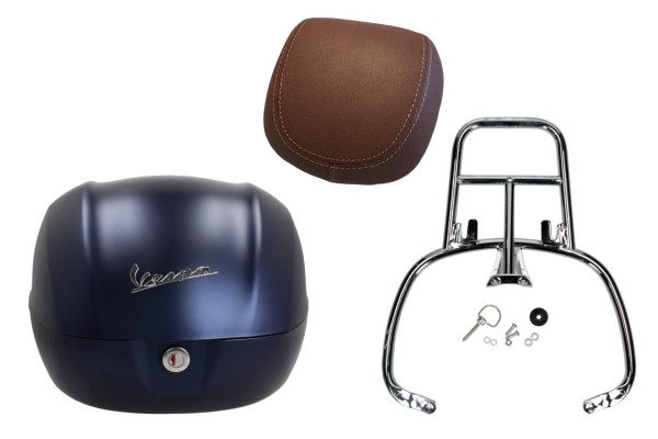 Kit top case 32L bleu foncé mat opaque (288/A), coussin dorsal marron foncé pour Vespa Primavera