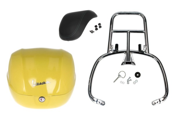 Kit top case 32L jaune (L08), coussin dorsal noir pour Vespa Primavera