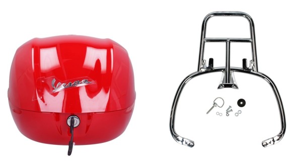 Kit top case 32L rouge dragon (894), porte-bagages chrome pour Vespa Sprint / Primavera
