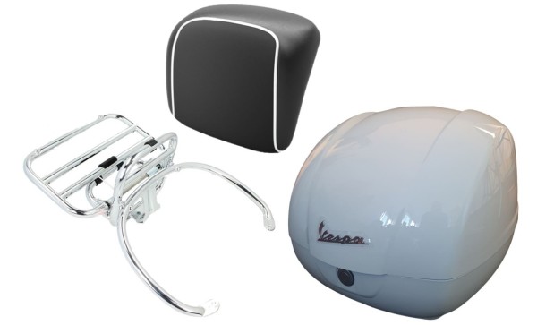 Kit top case 36L blanc (B04), porte-bagages chromé coussin dorsal noir, passepoil blanc pour Vespa GTS